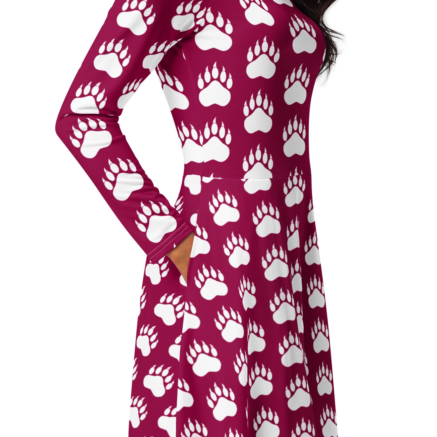 Grizzly White Paw Long Sleeve Midi Dress with POCKETS!