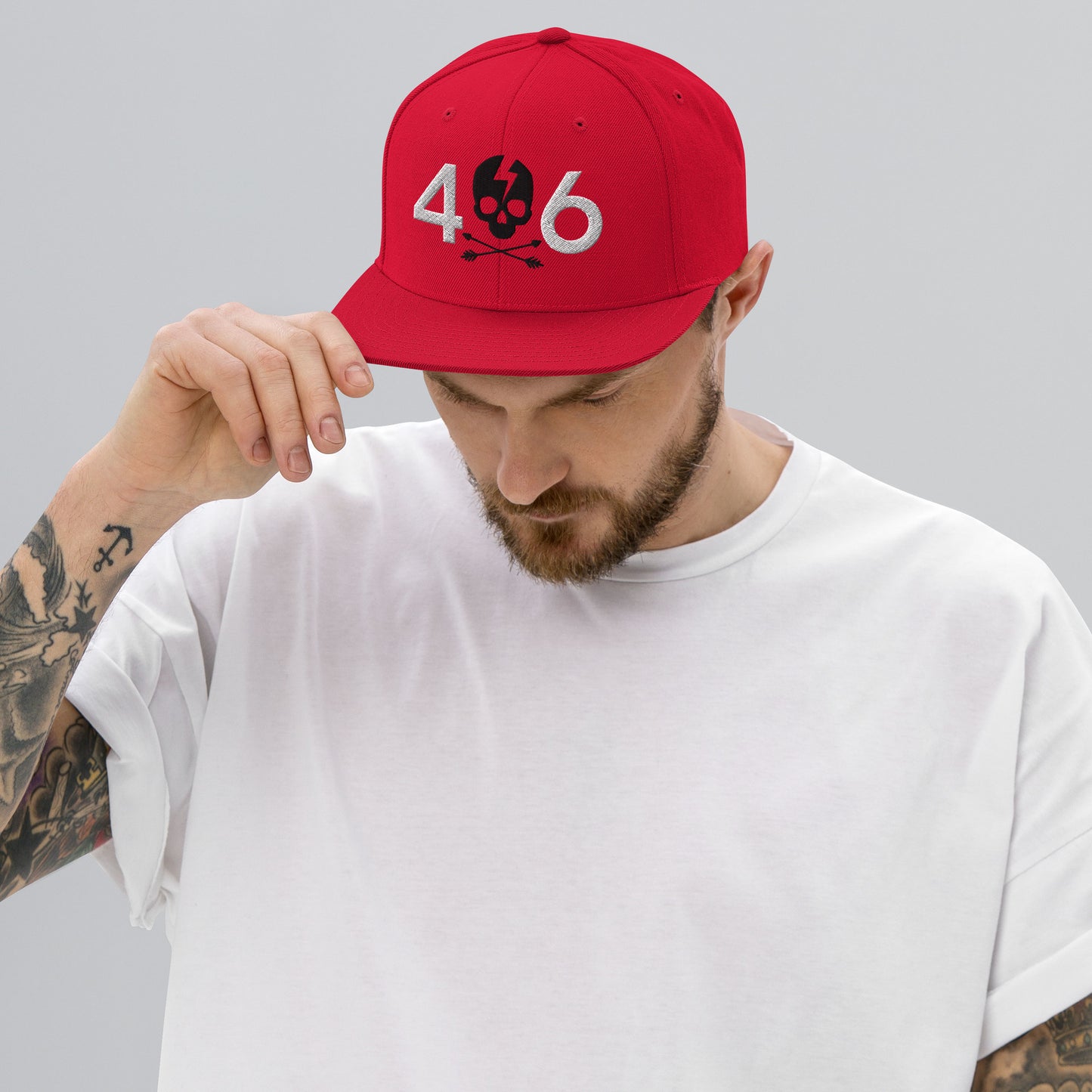 406 Black Skull Embroidered Red Snapback Hat