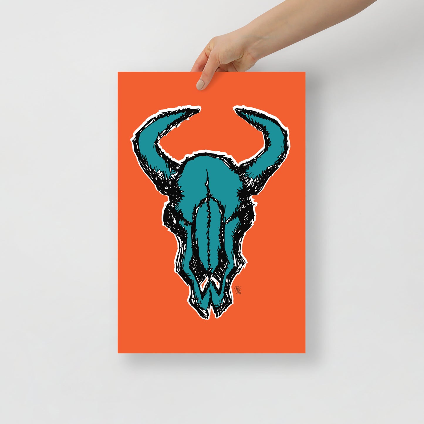 Bison Skull Orange and Turquoise Print