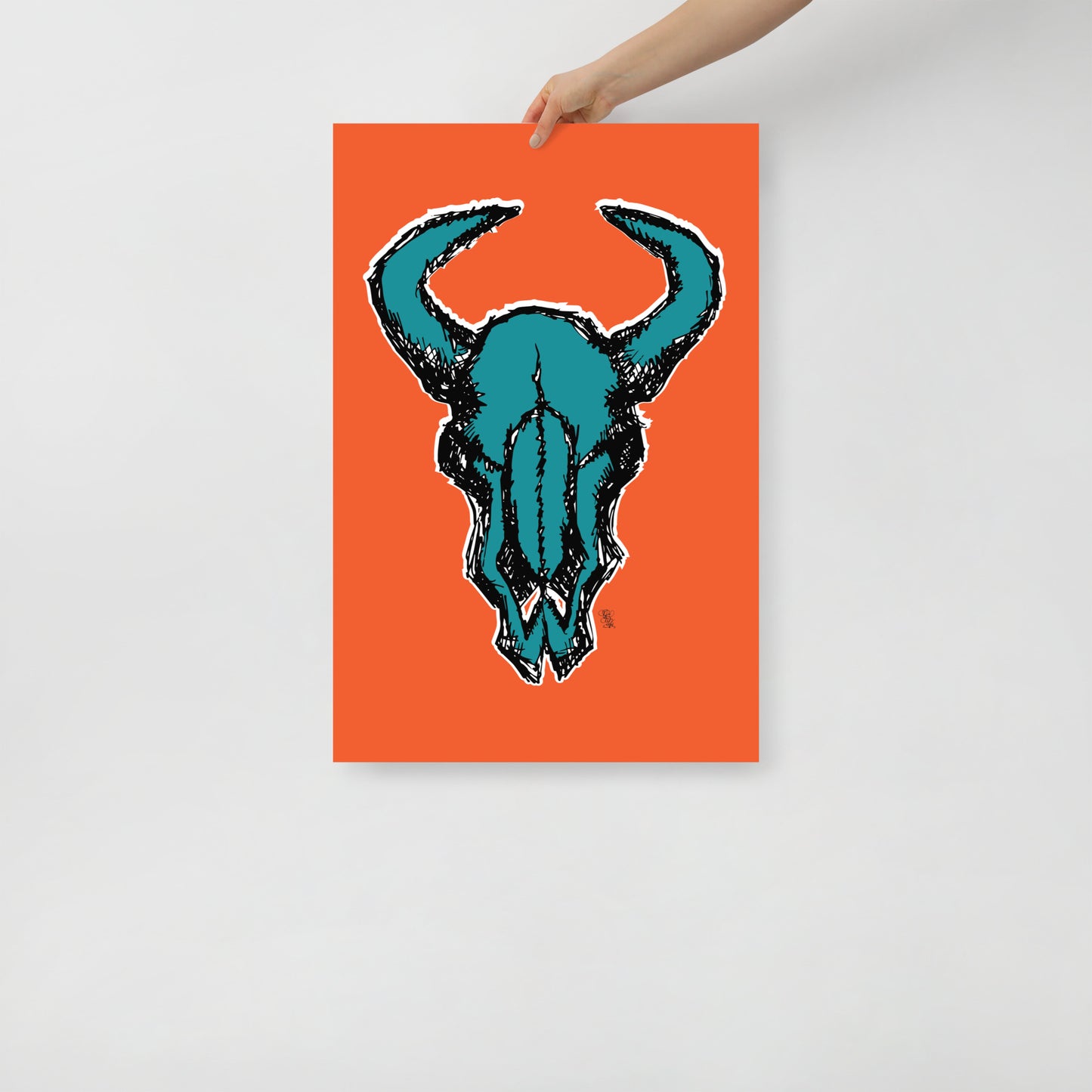 Bison Skull Orange and Turquoise Print