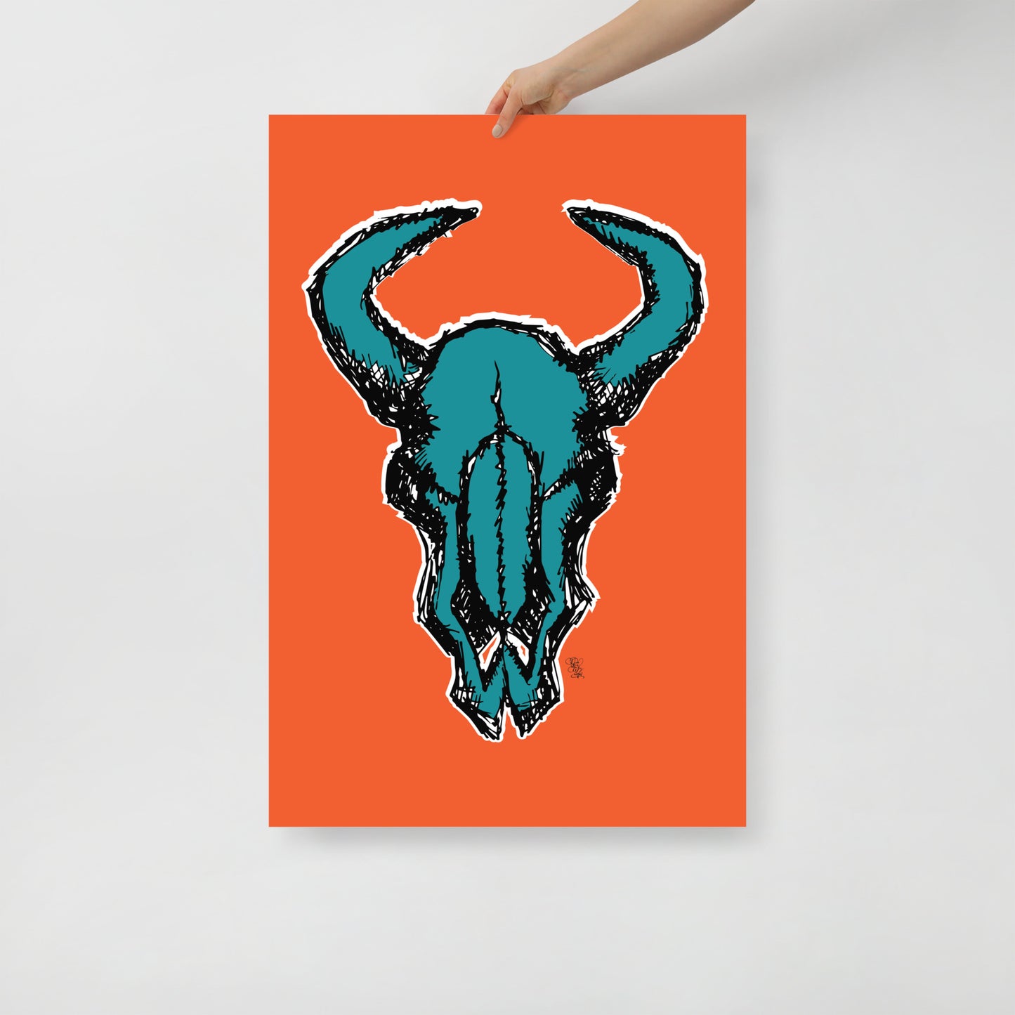 Bison Skull Orange and Turquoise Print